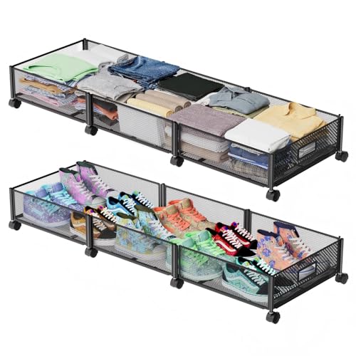 Under Bed Storage with Wheels 47.2″(L)/57.6L Large Rolling Under Bed Storage, Metal Underbed Containers on Wheels, Tool-Free Assembly Foldable Metal Underbed Drawers for Shoes Clothes Toys