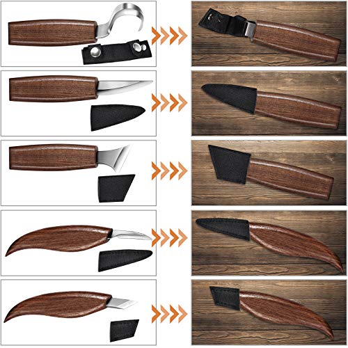 Wood Carving Tools Set, Hook Carving Knife, Detail Wood Knife, Whittling Knife, Oblique Knife, Trimming Knife for Spoon Bowl Cup Pumpkin Woodwork, Chip Carving Knife Kit with Zipper Bag for Beginners