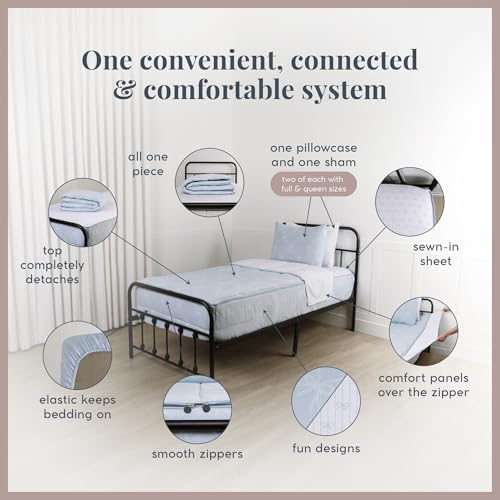 Image of Beddy's Ribbon & Bow Theme Durable Zipper Bedding for Kids - Bed in a Bag - White Striped Sheets with Baby Blue Comforter - Includes 2 Pillowcases & 2 Shams - Full