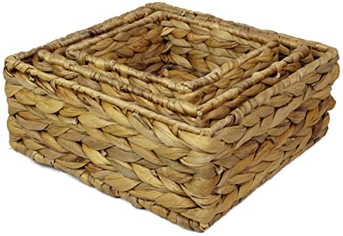 Small Square Water Hyacinth Storage Basket - Natural Wicker Shelf Organiser for Bathroom Makeup & Jewellery (Set of Three, 1 x Basket) - Image 2