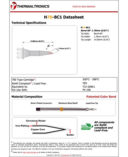 Image of Thermaltronics H70-BC1 Bevel 60deg 1.78mm (0.07in) interchangeable for Hakko T31-02BC1