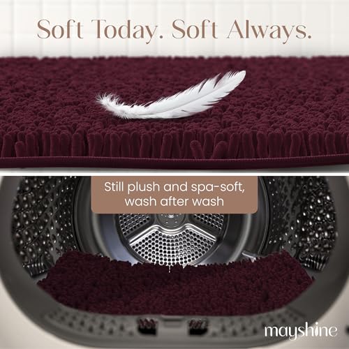 Image of MAYSHINE Small Plush Shaggy Chenille Bath Mat 24 inchx17 inch Extra Soft, Super Absorbent, Non-Slip Bathroom Rug | Fluffy Microfiber, Area Rug Sets for Bathroom Floor, Kitchen, Living Room | Burgundy