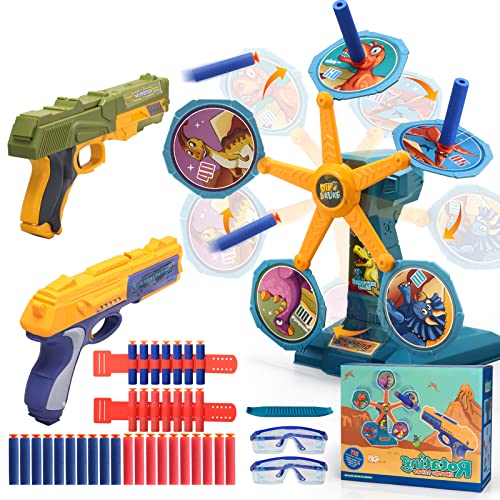 Elektrische Zielscheibe für Nerf Pistole Rotierendes Dinosaurier-Schießspiel Indoor & Outdoor Spiele für 6 7 8 9 10 Jahre Kinder Jungen Mädchen mit 2 Spielzeugpistolen Armbändern Brillen 20 Foam Dart Cover