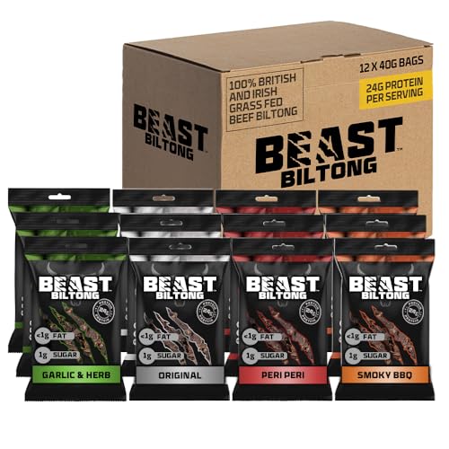 Beast Pharm Biltong Box - 12 Pack Beef High Protein Snacks 24g Protein per 40g Bag of Biltong - Low Calorie Keto Meat Snacks - Assorted Flavours
