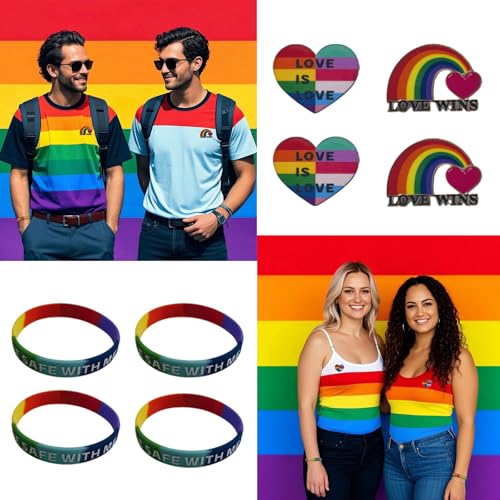 Image of Rainbow Gay Pride Silicone Bracelets, LGBTQ Rubber Bracelet with Temporary Tattoos Stickers Pride Month Accessories for Women Men Bags