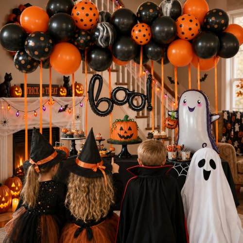 Image of Halloween Black Orange Balloons BOO Ghost Pumpkin Foil Balloons Party Decor | Orange Black Polka Dot Balloon for Happy Halloween Spooky Birthday Trick or Treat Haunted House Horror Night Party Decoration