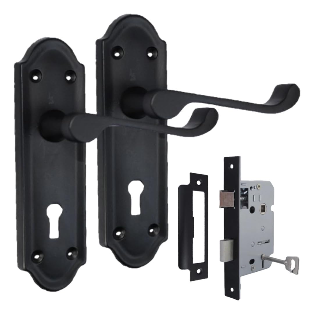 Epsom Door Handle Victorian Style Matt Black Internal Lock Door Handle Set – Lever on Backplate – Includes 3 Lever Mortice Sash Lock – 1 Pair