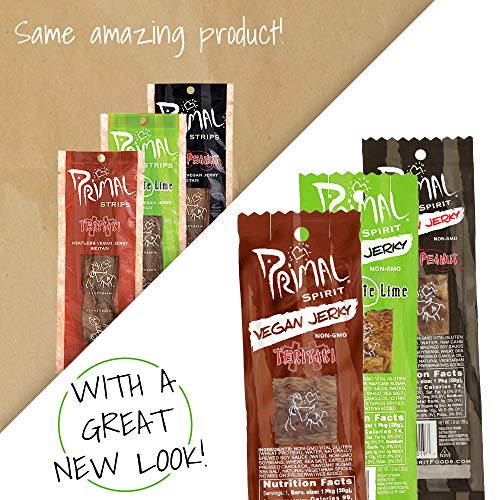 Primal Spirit Vegan Jerky - Seitan Power Pack, 10 g. Plant Based Protein, Certified Non-GMO, No Preservatives ("The Classics" Teriyaki, Thai Peanut, and Mesquite Lime, 24-Pack, 1 oz)