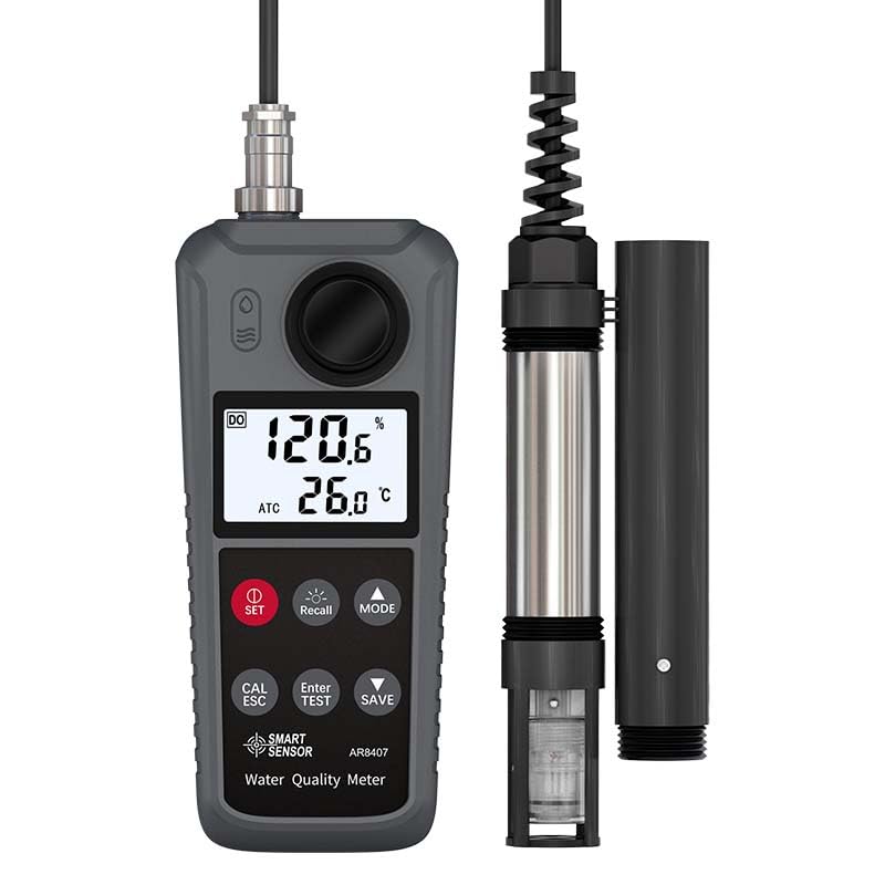 The SMART SENSOR AR8407 main unit connected to its external probe, ready for use.