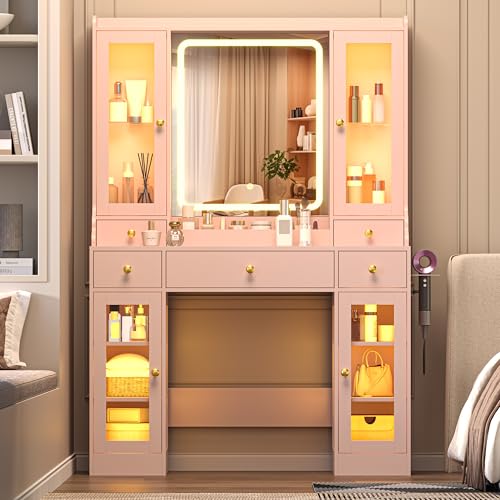 Image of Wodeer Makeup Vanity Desk with Mirror and Lights, 41 inch Pink Vanity Set with 5 Drawers & 4 Glass Cabinets, Power Outlet & Adjustable LED Lights, Dressing Table for Women & Girls Bedroom