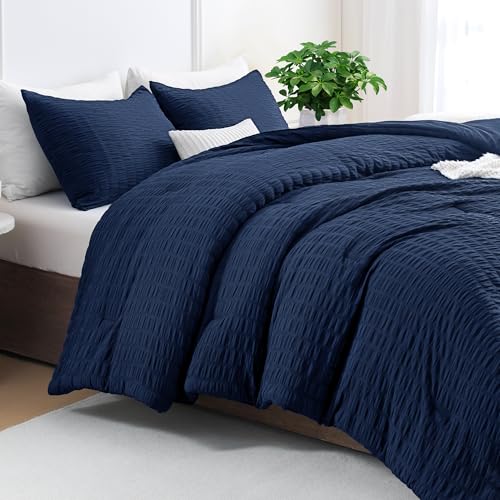 Image of Andency Navy Blue Full Size Comforter Set with Seersucker, 3 Pieces Soft Bedding Set for Boys Girls, All Seasons Breathable Bed Comforter with 2 Pillowcases, 79x90 inches