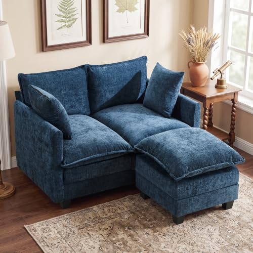 Image of 50 inch Loveseat Sofa with Ottoman, Cloud 2-Layer Cushion & 27 inch Deep Seat, Modern Love Seat Small Couch with 2 Washable Pillows for Small Spaces, Bedroom, Apartment, Office, Living Room, in a Box, Blue