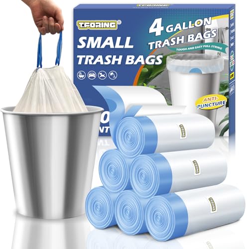 T.FORING Small Trash Bags 4 Gallon Drawstring 1.1 Mil Unscented 120 Count