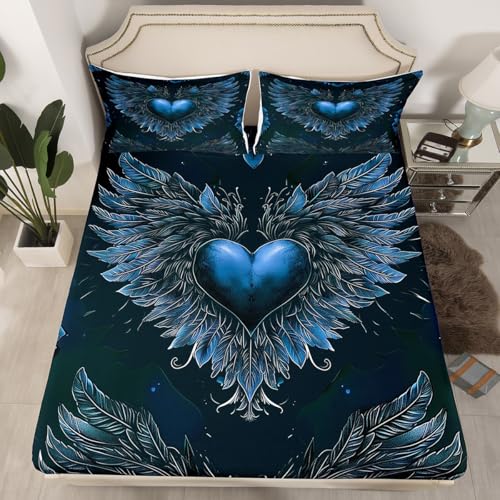 Blue Wings Fitted Sheet Twin Size Valentine's Day Bedding Set Love and Feather Sheet Set,Romantic Bed Cover Ultra Soft Breathable Bedding 2 Pcs for Kids Teens Boys