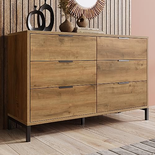 BTM Commode, Sideboard avec 6 Tiroirs, 120 x 40 x 76 Cm en Chêne Foncé, Highboard pour Chambre À Coucher & Tous Espaces Habitables