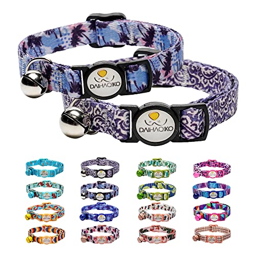 DAIHAQIKO Breakaway Cat Collars, Kitten Collar with Bell, Cute Cat Collar Personalized with Various Patterns for Girl Cats, Boy Cats (2 Pcs) (Crazy Purple)