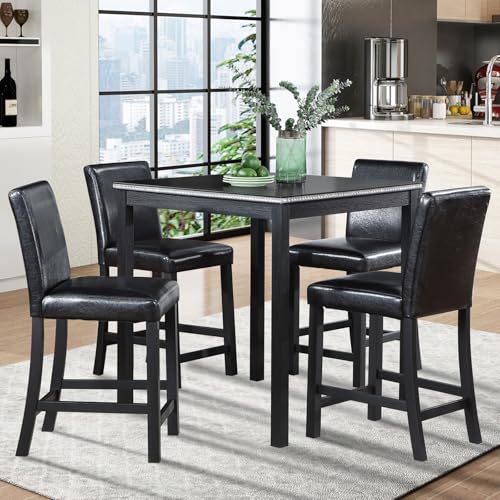Image of KEIKI 5-Piece Counter Height Dining Table Set with Square Table and 4 Upholstered Chair, for 4 Person, Classic Style Crystal Decoration Wooden Table Set, Easy Assembly, for Kitchen, Dining Room, Black