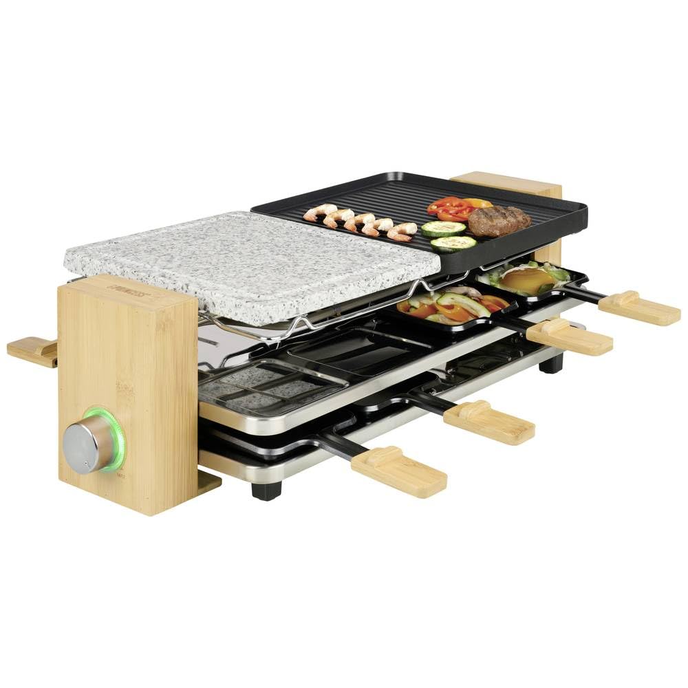 Princess Pure 8 Appareil à raclette revêtement anti-adhésif, 8 poêlons noir, pierre, bambou