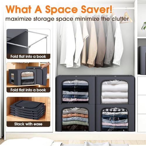 Image of 4 Pack Clothes Storage Bins with Metal Frame, 40L Foldable Fabric Storage Boxes with Clear Window, Front & Top Zipper Openings, Stackable Organizer Bins with Handles for Closet & Bedroom (Light Grey)