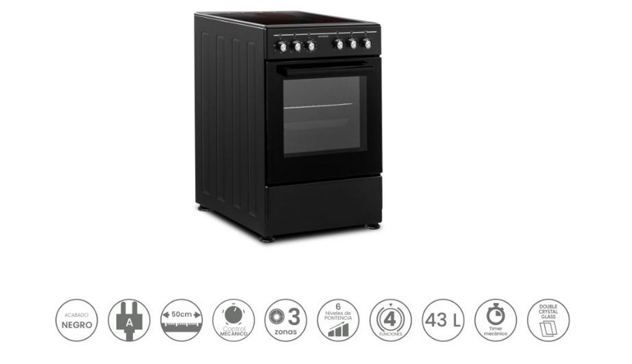 INFINITON Cocina con Horno CC-B550V3, Vitroceramica 3 Zonas, Horno Electrico 43 L, 6 Niveles de Potencia, Grill, Doble Acristalamiento, A, Negro