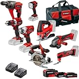 Einhell Pack 7 outils sans fil - Power X-Change (Meuleuse, Perforateur, Perceuse, Visseuse à chocs, Scie sauteuse, Scie circulaire, Outil multi) + 2 Chargeurs et 3 Batteries 4,0Ah/2,5Ah/2,0Ah + 1 sac