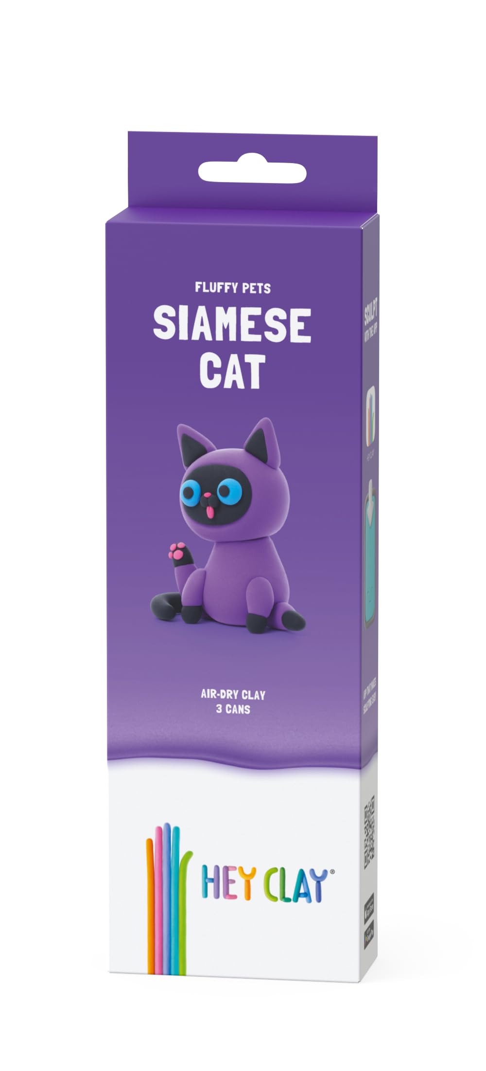 Hey Clay - Fluffy Pets SIAMESE CAT Colourful modelling air-dry clay, 3 cans with fun interactive app for kids 3 years +