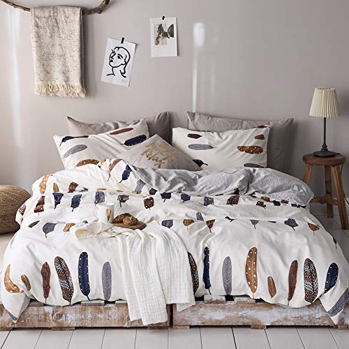 【Newest】 Stylish Feather Printed Duvet Cover Twin Washed Microfiber Comforter Cover Set White