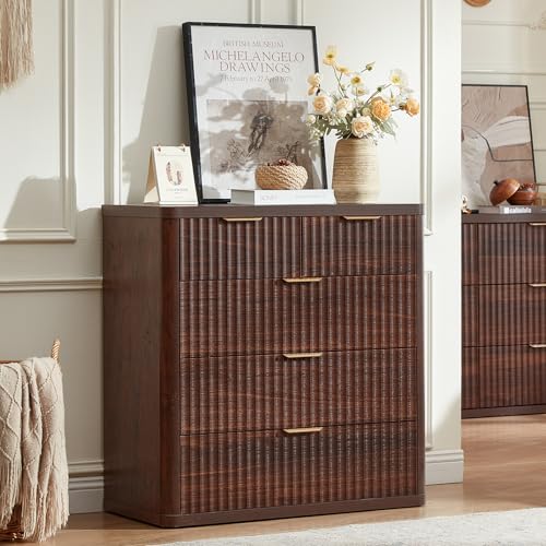 Image of LEYAOYAO Fluted 5 Drawers Dresser for Bedroom Set of 2, 34 inch Tall Modern Chest of Drawers with Metal Handle, Curved Profile Design,Wood Drawer Organizer for Bedroom, Living Room, Hallway,Walnut