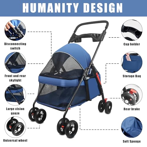 Carrinho de bebê para animais de estimação com gaiola dobrável para cães e gatos com cesta de armaze