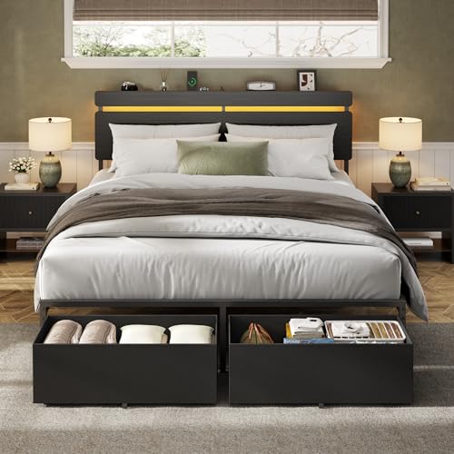 Image of Forestell Queen Bed Frame with Wood Headboard, Black Platform Bed with 2 Storage Drawers & Shelf, Built-in Charging Station & LED Lights, Metal Support, No Box Spring Needed, Cama Queen Size