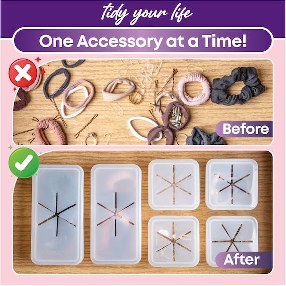 6 Clear Plastic Drawers Organizer Containers & 6 Matching Easy-Grab Silicone Lids - Keep Your Hair Ties, Desk & Bathroom Accessories Drawer, Vanity, Playroom Storage & More Organized!