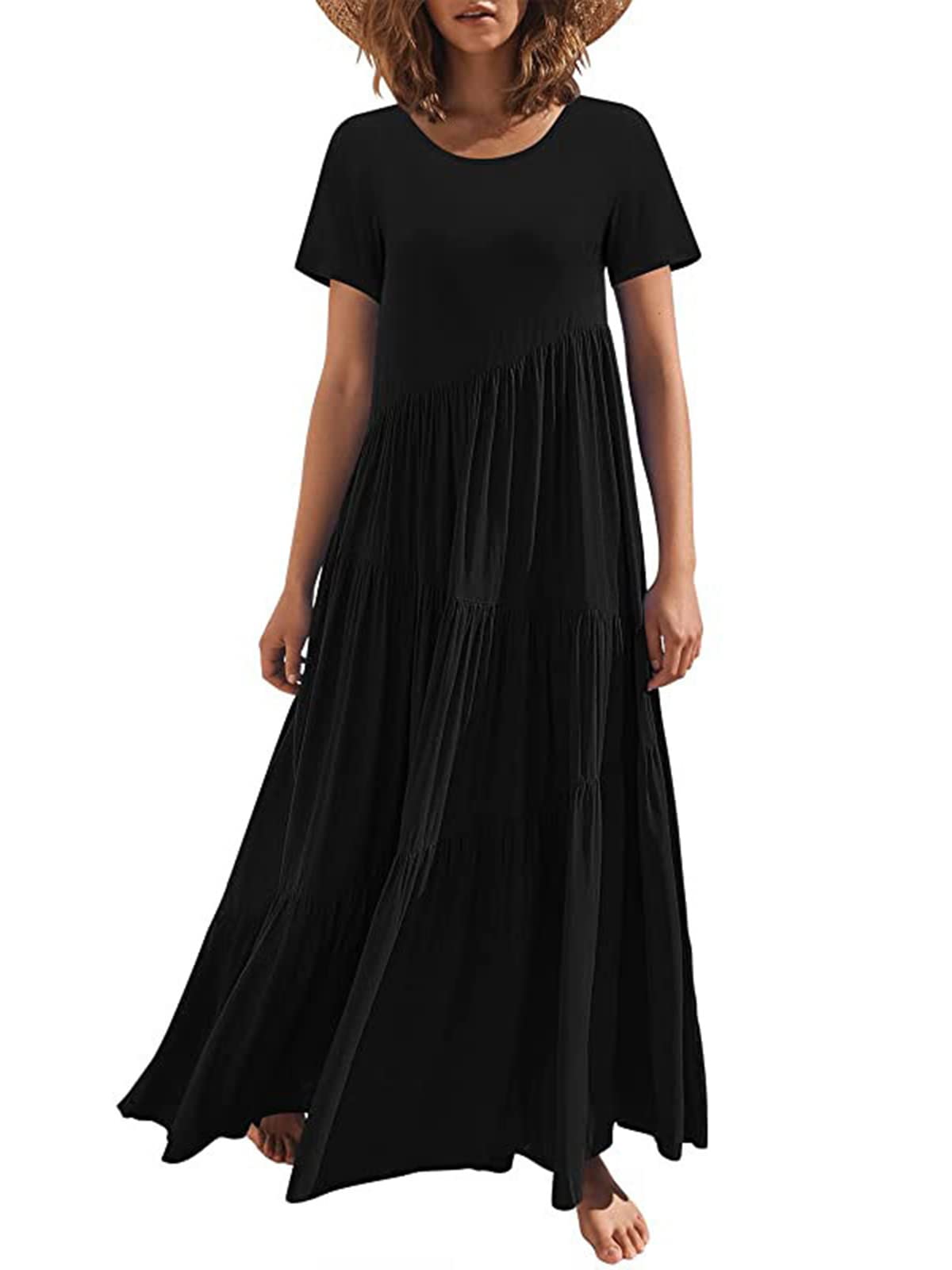 JENJON Mujere Vestido de Verano Sólida Cuello Redondo Elegante Casual Largo de Playa Manga Corta