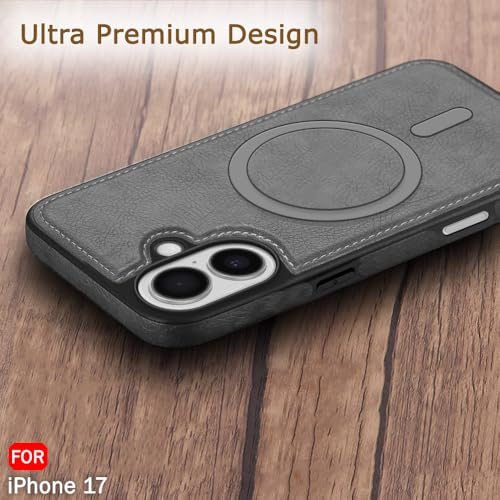 Image of TheGiftKart Genuine Leather Finish Back Cover Case for iPhone 17 | Shockproof Design | Raised Edges for Camera & Screen Protection | Stunning Minimalist Design Case Cover (MagSafe Compatible, Grey)