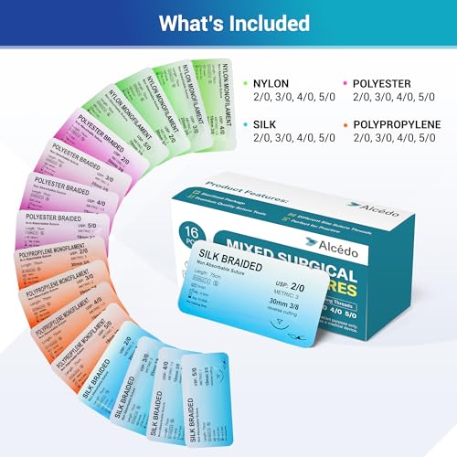 Image of Alcedo Suture Thread with Needle 16 PK (2 /0, 3 /0, 4 /0, 5 /0), Non-Absorbable (Nylon, Silk, Polyester, Polypropylene) for Nursing and Students, First Aid Practice Kit Accessories, Education Only