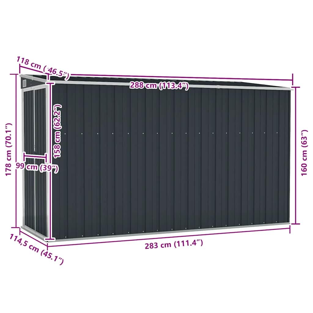 Szopa do zabudowy, antracytowa, 118 x 288 x 178 cm, wykonana z ocynkowanej stali, metalowy domek na narzędzia z podwójnymi drzwiami, zamykany, na narzędzia, rowery i kosiarki do trawy