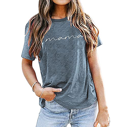 Image of ASTANFY Mama Shirts Women Mama Letter Printed T-Shirt Graphic Tee Casual Short Sleeve Tops