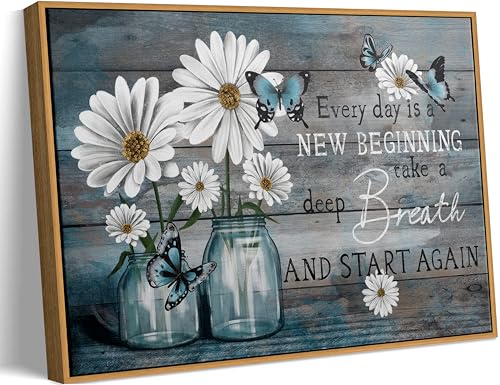 ZLXARTLA Wood Framed Daisy Wall Art Butterfly Wall Decor Inspirational...