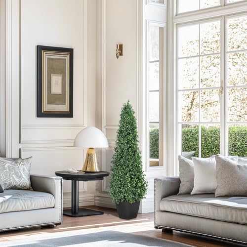 Artificial Boxwood Topiary Trees - Cone Shape Fake Plant with Modern Black Planter, 3FT Faux Outdoor Plants for Indoor Front Porch Plants Set of 2