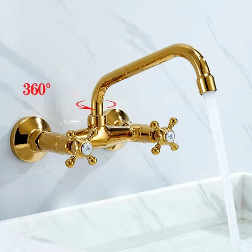Grifo de pared para cocina (latón) | Grifo mezclador de doble mango, color dorado