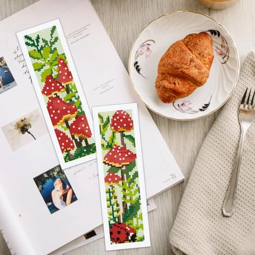 Image of INFUNLY 6pcs Mushroom DIY Cross Stitch Bookmark Kits 2.4''x7.9'' Plants Stamped Embroidery Bookmark Kit with Instruction Red Mushroom Embroidery Bookmark Set with Pre-Printed Plants for Book Lovers