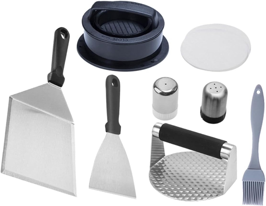 HEMOTON Stainless Steel Grill Tool with Ergonomic Handles Multi-Function Burger Press Spatula and Kitchen Basting Brush for Outdoor Grilling Camping BBQ Cooking Enthusiasts