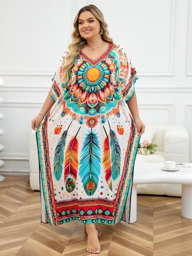 Image of KECVOT Kaftan Dresses for Women V-Neck Print Swimsuit Cover Up Plus Size Beach Caftan Lounge Dress