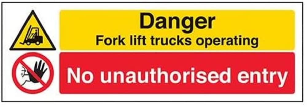 V Safety Danger Fork Lift Trucks Operating No Unauthorised Entry Sign - 300mm x 100mm - 1mm Rigid Plastic