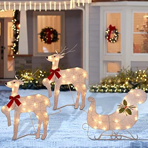 WATERGLIDE Set of 3 Lighted Christmas 2D Reindeers Outdoor Decorations, 23 Inch Pre-Lit Light Up Xmas Rudolph & Santa Sleigh with Lights, Festive Holiday Front Door Garden Patio Yard Lawn Display Cover