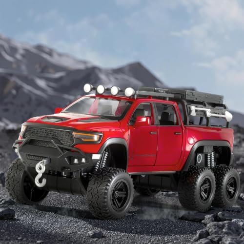 Image of RAM Mammoth Pick-Up Model Car 1:32 Exclusive Alloy Metal Pull Back Die-cast Car Die-cast Metal Pullback Toy car with Openable Doors & Light Music, Red Six Wheel