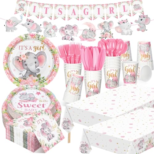 Yiyiring 405 Pcs Pink Elephant Style Baby Shower Decorations for Girl Its a Girl Tableware Set Baby Shower Plates Napkins Cup Cutlery Pink Elephant Party Supplies with Tablecloth Serves 50 Guests