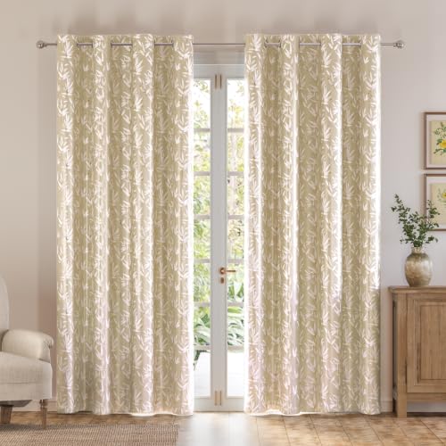 Image of HOKIPO Luxe Foliage Foil Printed Curtains 7 Feet Long Set of 2, Cream