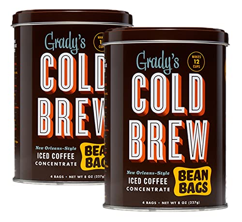 GRADY’S COLD BREW Coffee Pouches | New Orleans Style | 100% Arabica Ground Coffee & Chicory | TWO Coffee Cans, each with 4 Easy-to-Brew Bean Bags | Makes 24 drinks