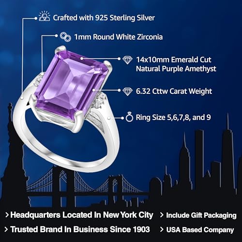 Gem Stone King 925 Sterling Silver Purple Amethyst Engagement Ring For Women (6.32 Cttw, Emerald Cut 14X10MM, Gemstone Birthstone, Available in size 5, 6, 7, 8, 9)2