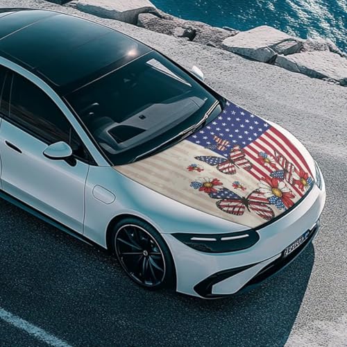 Image of American Retro Pastoral Style Car Hood Cover for Compact Sedans SUV Trucks, 59x39 Inches Stretchable Auto Hood Wraps Vehicles Banner Automotive Exterior Accessories